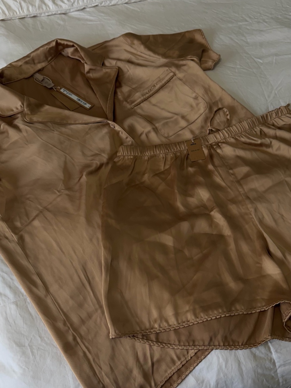 SKIMS Satin Short Sleeve Pajama Set in Taupe